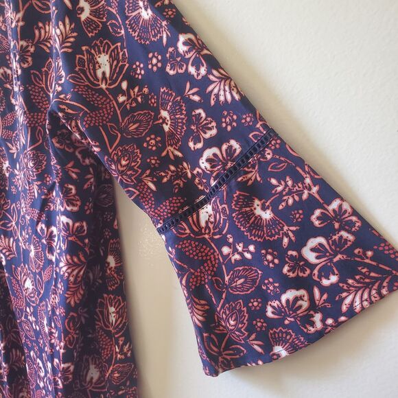 Gloria Vanderbilt Womens Blouse Size XL Blue Floral V Neck 3/4 Sleeve Batik Boho - Picture 3 of 12